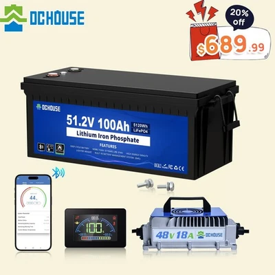 DC HOUSE 48V 100Ah Lithium LiFePO4 Golf Cart Battery with 48V 18A Charger Trolling Motor