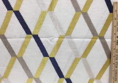 Fabric Woven Linen White w/ Embroidered Diamond Design Gold Blue Silver 32" - Image 1 of 3