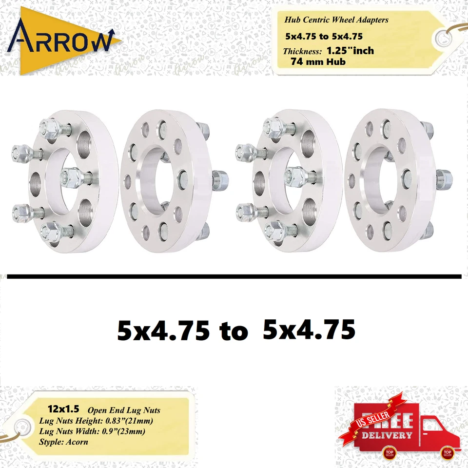 4件装1.25英寸5x4.75至5x4.75车轮适配器12x1.5螺柱5Lug 74毫米轮毂  — 第 1/1 张图片