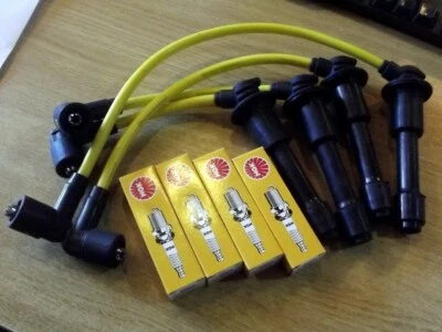 HT leads and NGK spark plugs set 8mm yellow Mazda MX5 mk2 NB 1.6 1.8 plug wires - Image 1 of 3