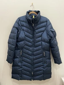 Eddie Bauer Womens Sz XL Down Puffer Parka Coat Jacket Blue Zip Up Faux Fur EUC - Picture 1 of 7
