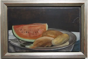 Gisela Breitling, Stillleben, Ölbild, "Melone und Brötchen auf Silberteller" - Bild 1 von 7