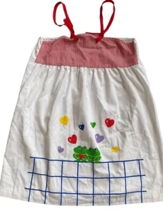 Vintage 90s Apron Dress Girls 6 Red Stripe Frog Hearts Tie Sleeve USA Sundress - Picture 1 of 8