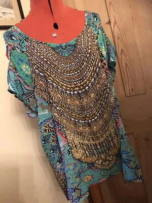 BEAUTIFUL INOA PURE SILK TUNIC TOP EMBELLISHED BEADS SEQUINS TURQUOISE GOLD GLAM - Image 1 of 4