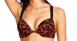 New Victoria’s Secret 32B Push-Up Bikini Top Swim Black Shine Strap Cherry NWT - Picture 1 of 6