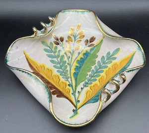 Vintage MCM Hand Painted Italian Art Pottery Bowl Dish Autumn Ferns Leaves Gold - Picture 1 of 10