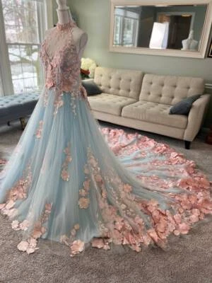 Elegant Wedding Dresses Pink and Blue 3D Flowers A-Line Bridal Gowns Custom - Image 1 of 4