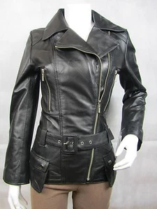 Damen schwarz Napa Leder Nieten Reißverschluss schmal eng sitzende Bikerjacke Fahrrad - Bild 1 von 11