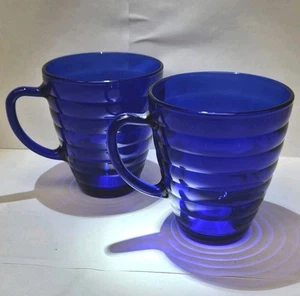 Vintage Duralex Cobalt Blue Glass Beehive Coffee Mugs France Set of 2 - Picture 1 of 20