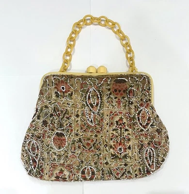 Vintage Bakelite Frame & Handle Purse With Seed Bead Embellishment On Fabric - Image 1 of 4
