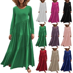 Women Long Sleeve Dress Crew Neck Casual Asymmetrical Swaying Summer Beach Dress - Picture 1 of 51
