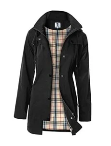 Women's Long Hooded Rain Jacket Outdoor Raincoat Windbreaker Medium Black - Picture 1 of 6