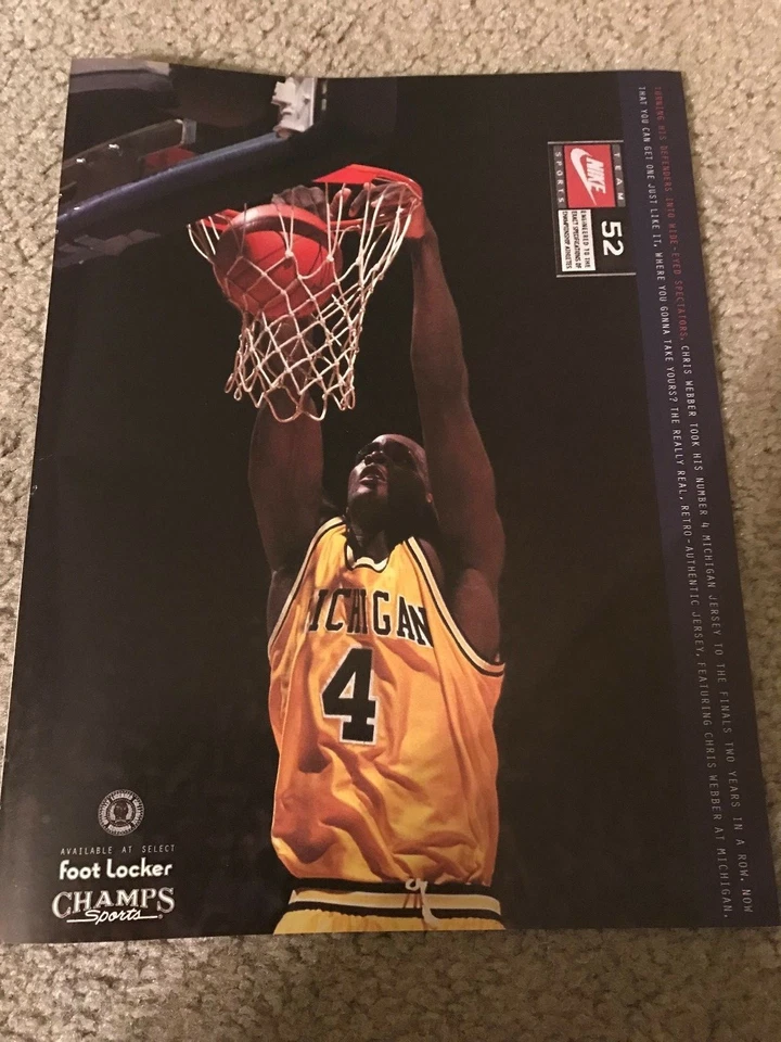Camiseta deportiva vintage Nike Chris Webber #4 Michigan Wolverines póster anuncio impreso 1994 Foto 1 de 1