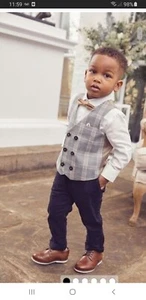 Next grey Waist coat Set Boys with navy trousers and tan shoes - Picture 1 of 4