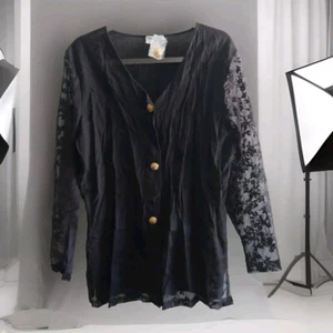 Vintage 80s 90s Black Blouse Lace Sleeves Gold Buttons L Dark Romantic - Picture 1 of 9
