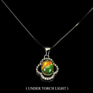 Unheated Oval Fire Opal Rainbow 9x7mm White Topaz 925 Sterling Silver Necklace