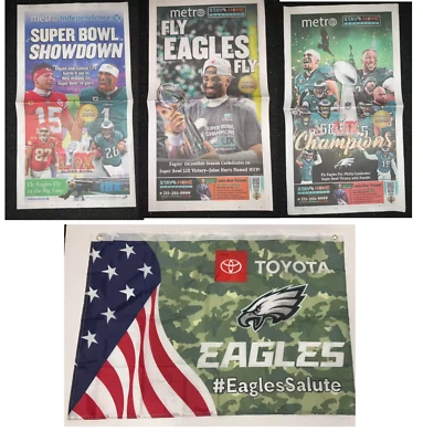 ÁGUILAS ~ METRO PERIÓDICO SUPER BOWL 59 CHAMPIONS HURTS 2/11-2/13/25 Y BANDERA BANNER Foto 1 de 4