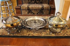 Vintage Silverplate lot of 3 Pieces, (2) Chafing Dishes and Footed Silver Tray
