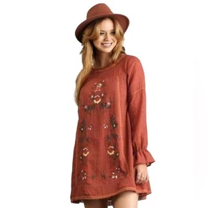 Umgee Embroidered Tunic Mini Dress Coral Peasant Loose Comfy Ruffled Sleeve Boho - Picture 1 of 11