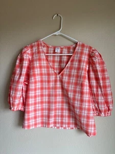 Melrose and Market Orange Plaid V Neck Blouse Full Sleeve with Elastic bottom - Picture 1 of 5