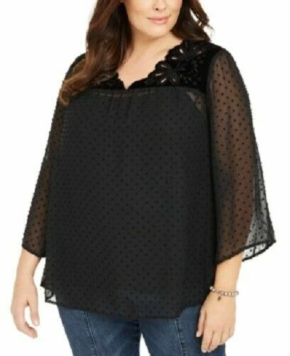 Style & Co Swiss Dot Velvet Yoke Top Women Plus Size 0x 3/4 Sleeve Black