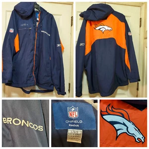 Denver Broncos Jacket Mens Large Blue Orange Football NFL Hooded Rebook Onfield - Picture 1 of 22
