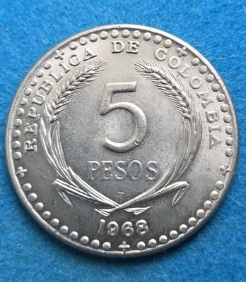 Colombia 1968 5 Pesos, 39º Congreso Eucarístico Internacional UNC/BU (H)-s Foto 1 de 4
