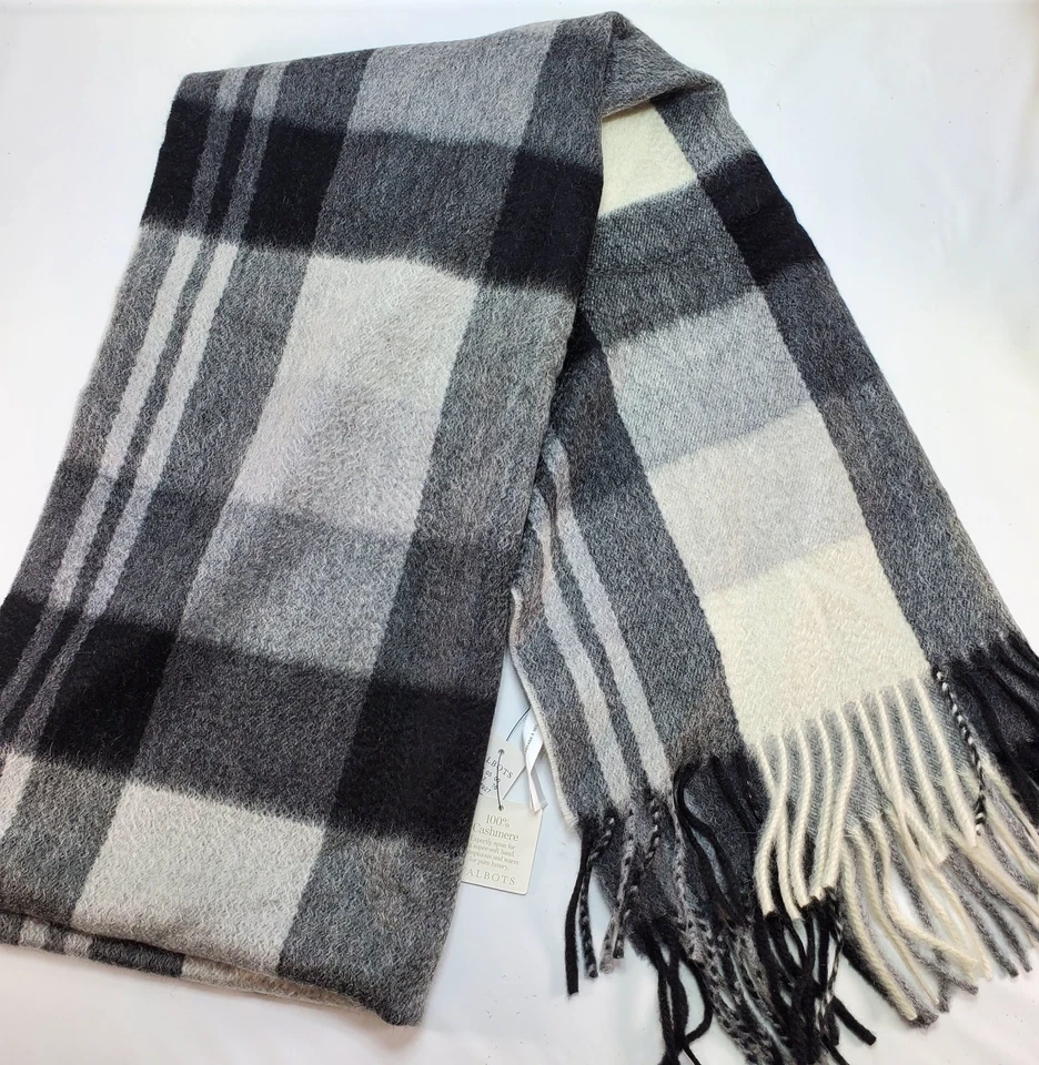 Talbots 100% Cashmere Knit Scarf Unisex Gray Plaid Neck Wrap Cozy Warm Comfy NEW - Image 1 of 4