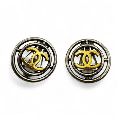 RARE CHANEL Earrings CC Logo Silver & Gold Metal Women's Auth Excellent - Image 1 of 4