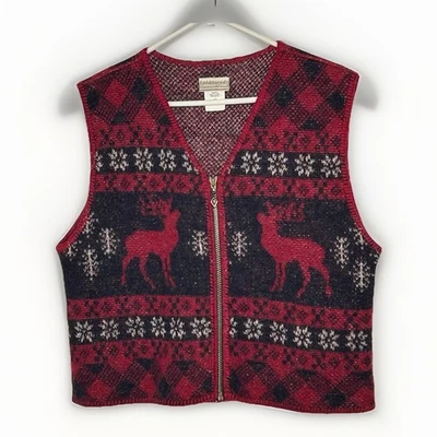 Coldwater Creek Christmas Vest Sz L Reindeer Zip Front 100% Wool USA Vintage - Image 1 of 4