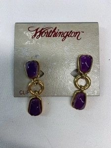NWT Fashion Clip On Earrings, Gold Tone W/ Purple Drop Settings. - Picture 1 of 4