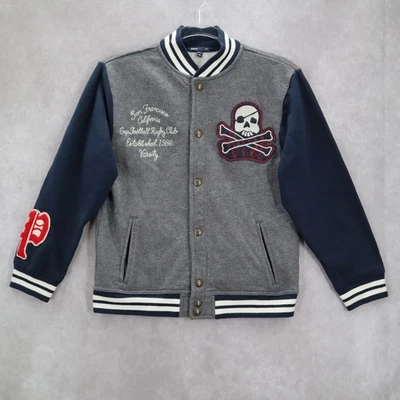 Chaqueta Abrigo Gap Niños Gris Azul Botón Bombardero Universitario Pirata Parche Rayas L Grande Foto 1 de 4