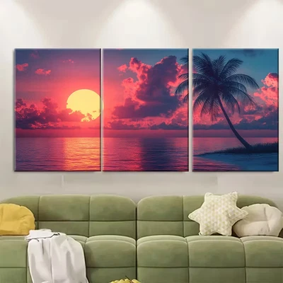3pcs Vibrant Sunrise Palm Tree Metal Print Ready to Hang Art - Image 1 of 4
