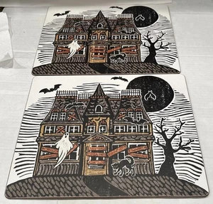 2 Pottery Barn Halloween Haunted House Cork Back  Placemats Ghost Bat Black Cat - Picture 1 of 12