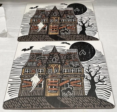 2 Pottery Barn Halloween Haunted House Cork Back  Placemats Ghost Bat Black Cat - Image 1 of 4