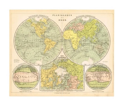 World Map Antique Original 1886 Western & Eastern Hemisphere Europe America Asia - Image 1 of 4