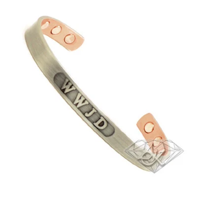 Accents Kingdom Men's Magnetic Copper WWJD Silver Cuff Bangle Golf Bracelet . - Image 1 of 4