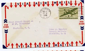 US 1945 First Flight Cover CAM 19 Columbia SC to Charlotte NC 19N88 cachet FFC - Picture 1 of 2