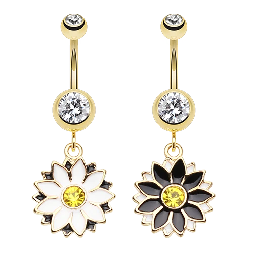 Daisy Blossom Flower Belly Ring Gold Dangle Black White Navel Yellow Gem Layered - Image 1 of 1
