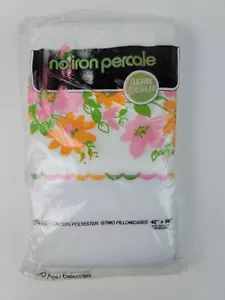 Vintage White Percale Pillowcases (2) embroidered edge w/ flower print irregular - Picture 1 of 6