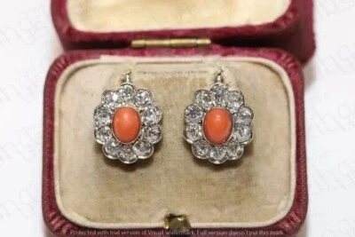 Brincos vitorianos de diamante e coral simulados de 2,10 quilates folheados a ouro 925 - Imagem 1 de 4