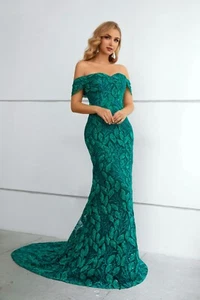 Green Off The Shoulder Lace Mermaid Prom Evening Shower Party Dress Pageant Gown - Picture 1 of 5