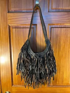 Lucky Brand Distressed Brown Leather Fringe Hobo Bag Cowgirl Core - Picture 1 of 16