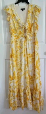 Maxi Vestido Express Para Mujer Amarillo Estampado Manga Acampanada Corbata Frontal Lino Talla Pequeña Foto 1 de 4