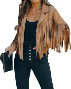 Women Western Wear Suede Leather Brown Fringe Native American Jacket Coat - Picture 1 of 3