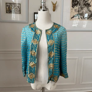 Trina Turk Turquoise Blue 100% Silk Gold Sequin Bolero Jacket 0 XS S - Picture 1 of 10