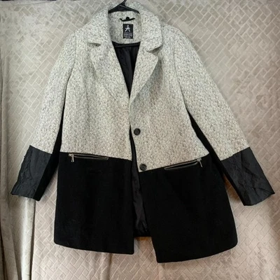 Atmosphere Womens 12 Pea Coat Black White Woolen Mid Length Faux Leather Sleeves - Image 1 of 4