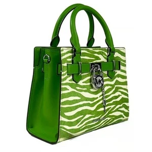 Bolso Michael Kors Nuevo con Etiquetas Hamilton Estampado Cebra Pelo de Becerro Pequeño Verde Selva - Imagen 1 de 16