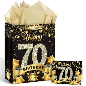 Black Gold 70th Birthday Gift Bag With Tissue Paper and Card - Gift Wrap Cand... - Picture 1 of 7