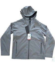 Spyder Softshell Jacket Mens Medium Gray Hooded Water Resistant Zip OMSP134 - Picture 1 of 6